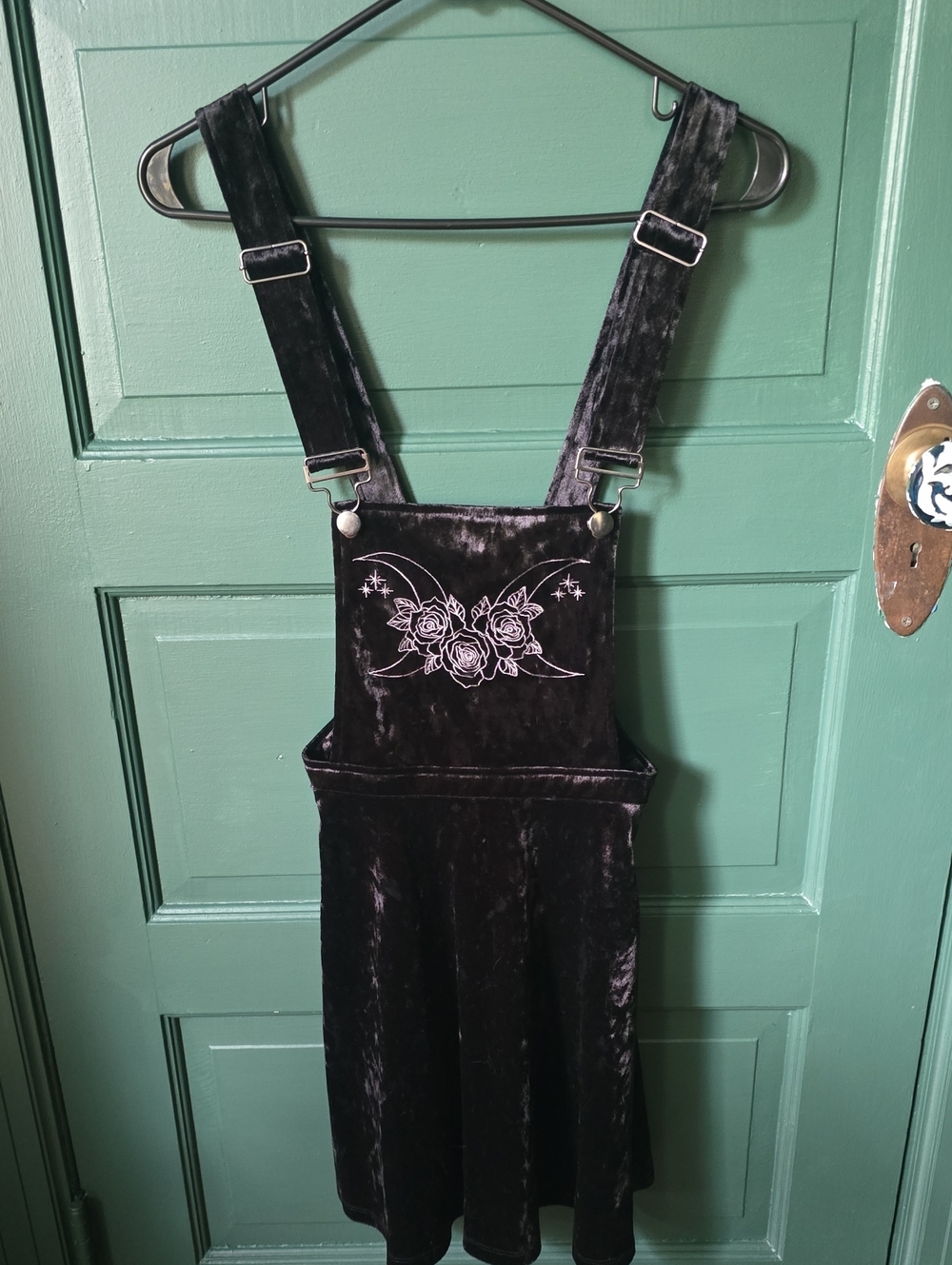 Hot Topic Black Velvet Pinafore Dress with Moon & Rose Embroidery